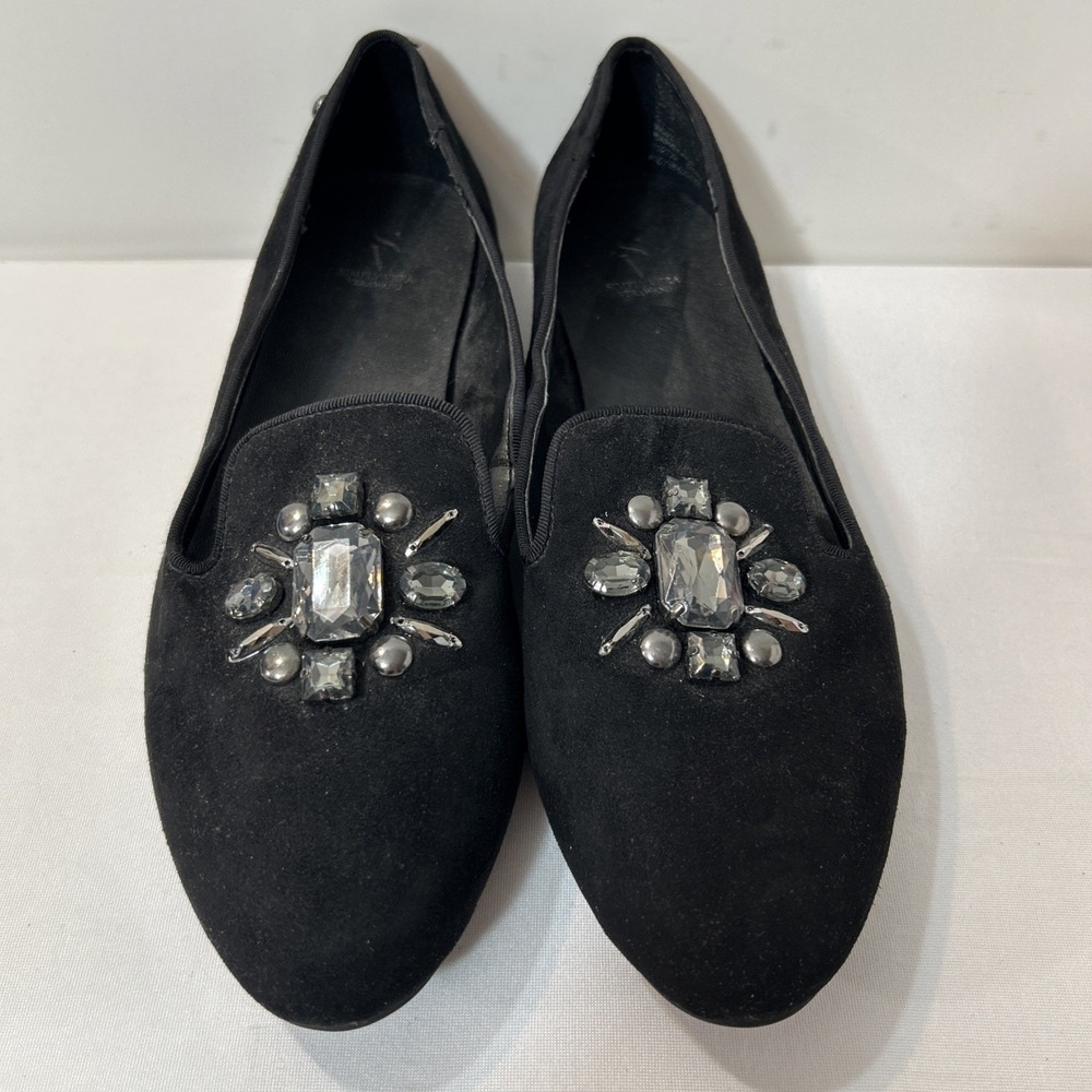 Vera Wang Black Suede Crystal Jewel Slip On Flats Loafers Size 7.5 Embellished